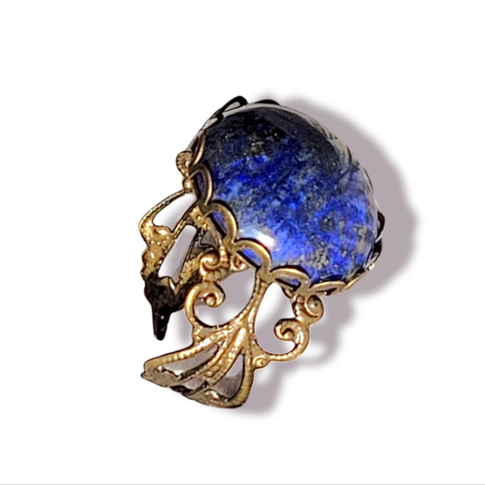 Genuine Lapis Lazuli Semi Precious Natural Stone French Copper Filigree Ring - Picture 3 of 8